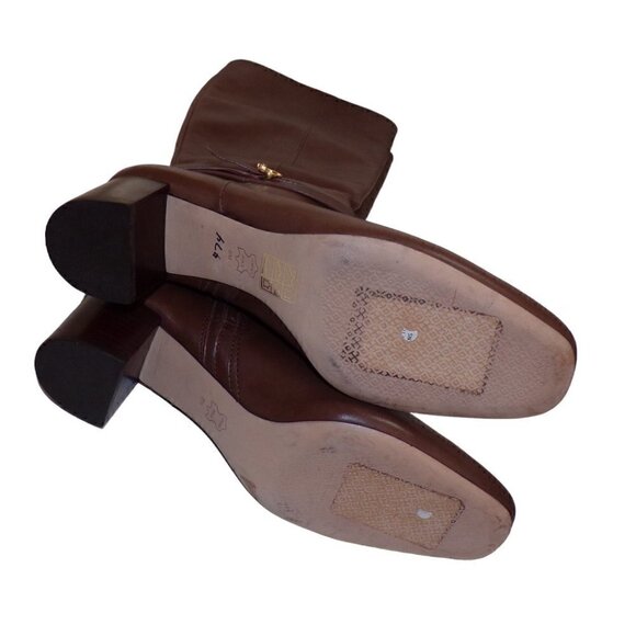 Tory Burch Squared Toe Mid Zip-Up-Perfect Brown Heeled Boot Gold Logo sz 8 New - Picture 7 of 7